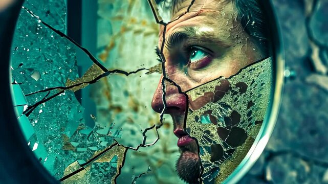 Man looking at reflection in broken mirror