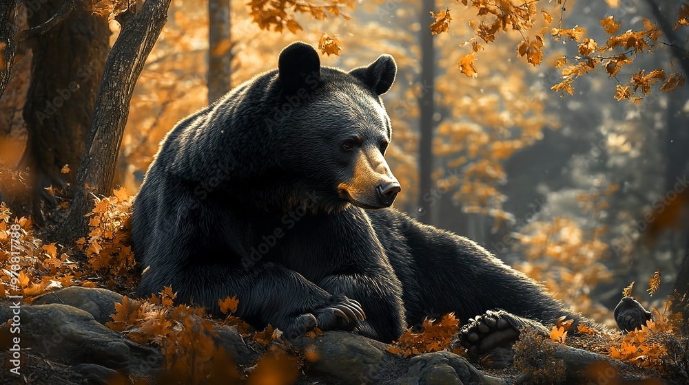 Poster A majestic black bear resting in a tranquil forest setting, surrounded by autumn foliage and soft light filtering through trees.