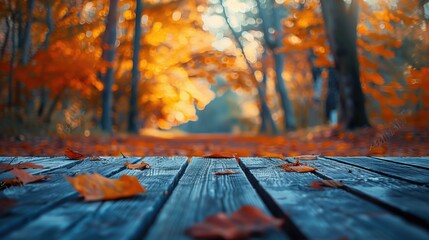 Empty Wooden Table with Autumn Leaves in a Vibrant Forest Setting
