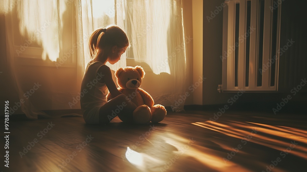 Poster Lonely Child Sitting with Teddy Bear in Sunlit Room 