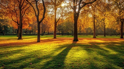 Obraz premium Colorful autumn Park with city view,red and yellow maple trees and blue sky,Autumn forest path,Lawn in autumn city park in Sunny day,Trees with yellow leaves in park,Natural Wallpaper.