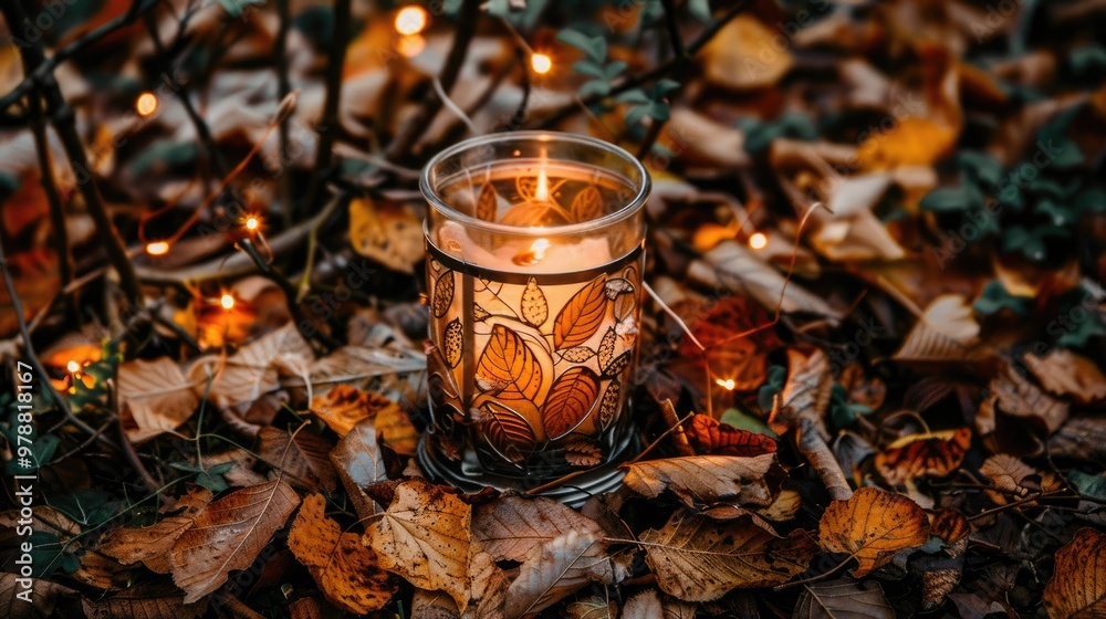 Wall mural A glass candle holder with fall leaves inside