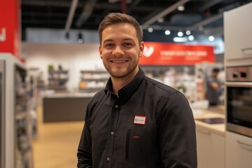 A man is smiling in a store with a red sign behind him. He is wearing a black shirt and a red badge
