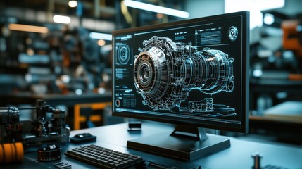3D CAD Software Engineering Design Displaying Detailed Mechanical Component on Monitor