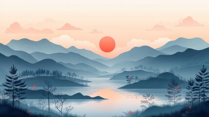 oil paiting lake and forest landscape art with andillustration, nature, travel, no people, abstract, sun, sky, sunset and moon light over the mountain