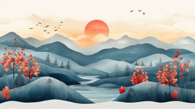 oil paiting lake and forest landscape art with andillustration, nature, travel, no people, abstract, sun, sky, sunset and moon light over the mountain