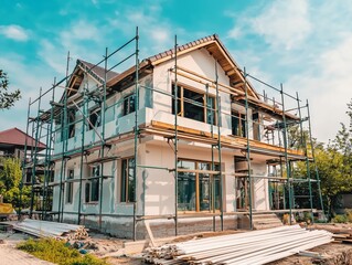 Exterior View of a New House Under Construction with Scaffolding in a Residential Area on a Sunny Day