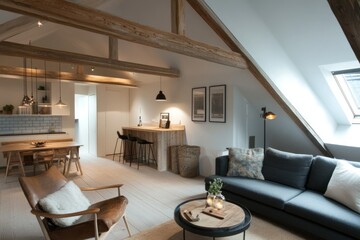 Fototapeta premium Contemporary Scandinavian loft featuring sleek lines, wooden accents, and cozy furnishings.