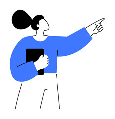 A woman with her hair in a bun, wearing a blue sweater and white pants, holds a tablet and points forward with her other hand. Ideal for business, directions, tech, presentation, and guidance themes.