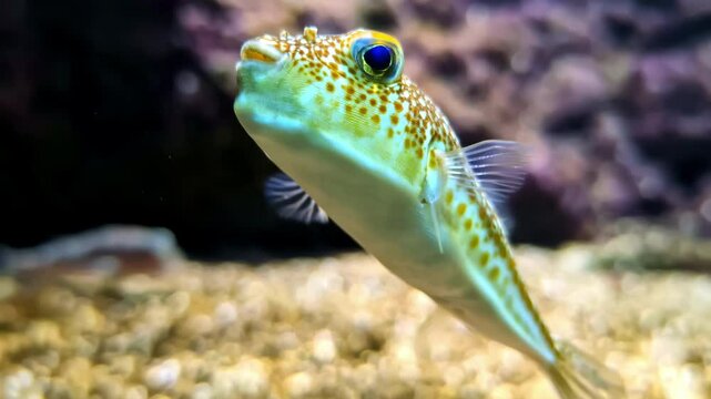 Puffer Fish Swimming In Aquarium Tank. closeup shot
