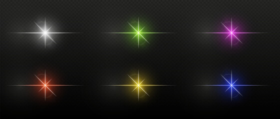 Colorful neon stripes or light flash with star. Laser beams, horizontal beams. Beautiful light reflections. Glowing stripes on a black background.