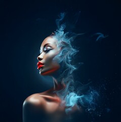 A woman with red lips and blue eyeshadow is framed by a cloud of light blue smoke against a deep blue background.