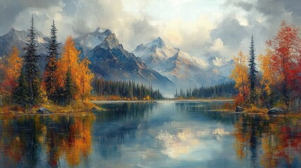 oil paiting lake and forest landscape art with andillustration, nature, travel, no people, abstract, sun, sky, sunset and moon light over the mountain