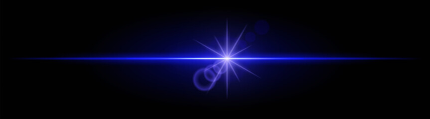 Blue neon stripes or light flash. Laser beams, horizontal beams. Beautiful light reflections. Glowing stripes on a black background.