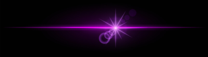 Purple neon stripes or light flash with star. Laser beams, horizontal beams. Beautiful light reflections. Glowing stripes on a black background.