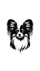 フランスのパピヨンのモノトーン画像。小型で蝶のような耳が特徴。