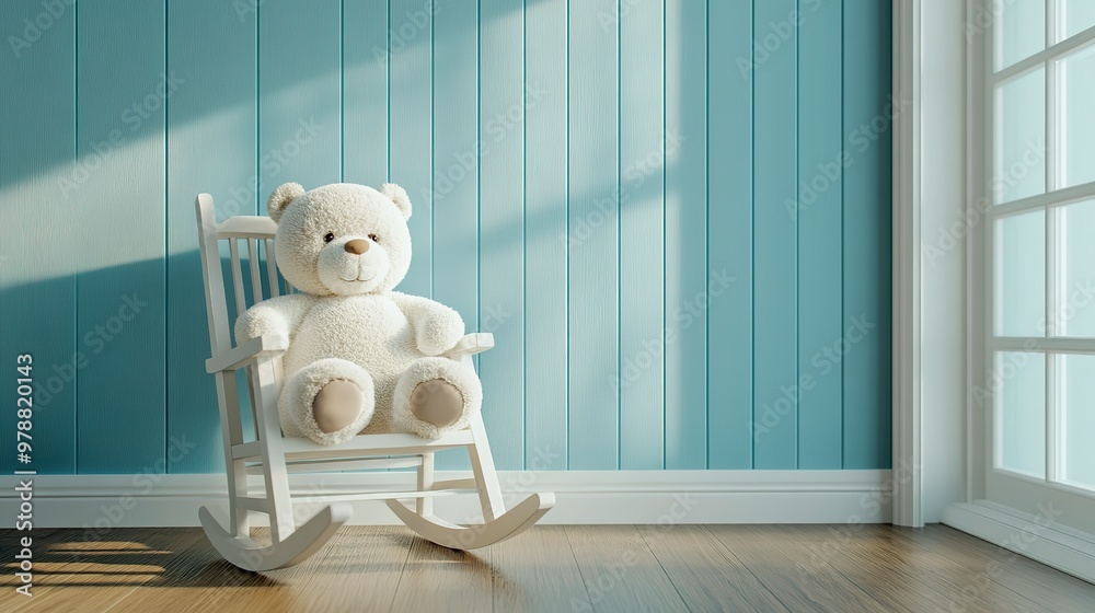 Sticker A white teddy bear sits in a rocking chair in a room with light blue walls and wood floors.