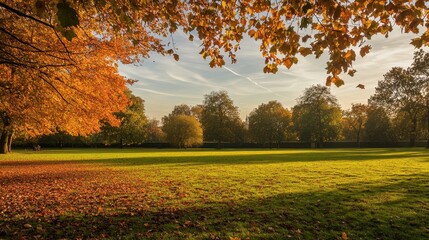 Colorful autumn Park with city view red and yellow maple trees and blue sky,Autumn forest path,Lawn in autumn city park in Sunny day,Trees with yellow leaves in park,Natural Wallpaper.