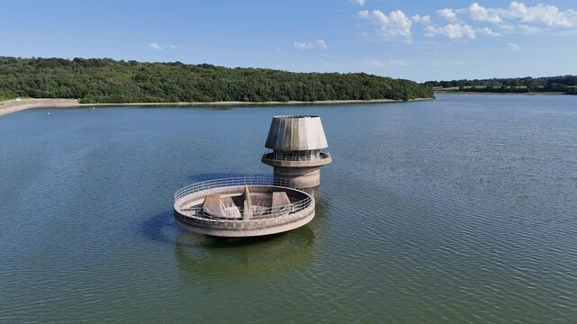 Water intake Bewl water Kent largest reservoir, southeast England, drone,aerial