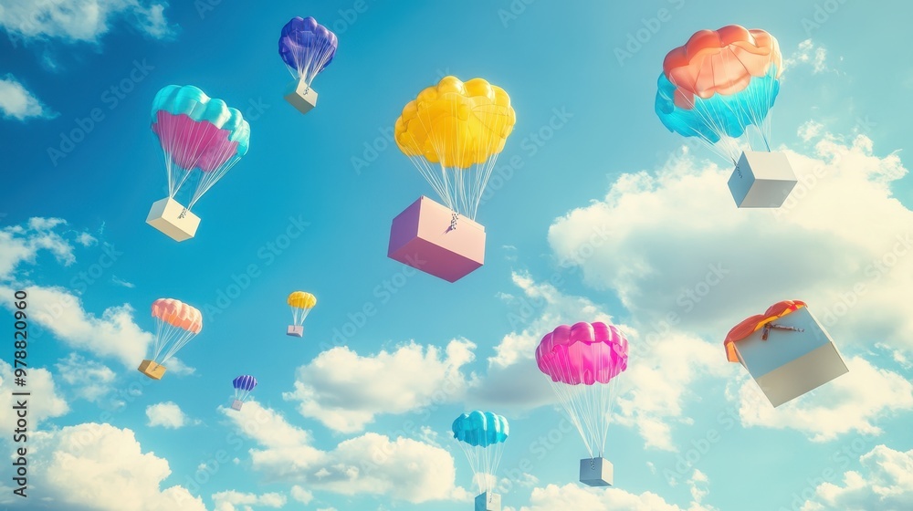 Canvas Prints a box flying on a parachute with pink cloud,vector illustration of package flying down from sky and 