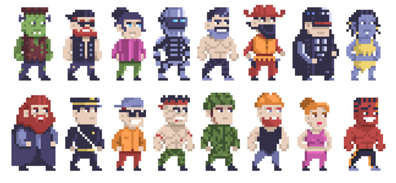 Pixel characters. Retro 8 bit video game people, pixel cute funny square human avatars, 16 bit male and female faces. Vector isolated set.eps