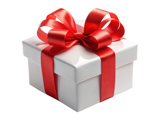 White gift box with red ribbon bow, isolated on white