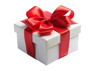 White gift box with red ribbon bow, isolated on white