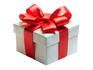 White gift box with red ribbon bow, isolated on white