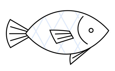 Outline fish in minimalistic, geometric style with light blue patterns and clean lines, emphasize aquatic themes. Ideal for educational material, marine-themed designs, children s books, logo design,