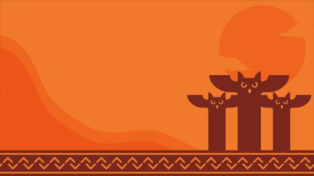 Animated sunset scene with three stylized owl silhouettes in front of a vibrant orange background. Animated Native American Day Background. Perfect to use on Native American Day Event on United States