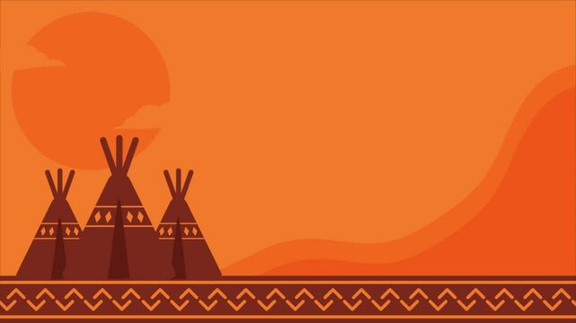 Animated background with Native American teepees, sunset, and geometric patterns.  Perfect for storytelling, cultural presentations, or educational videos. 4k footage video