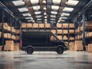 Obraz premium Cargo minibus in a warehouse with products. Neural network AI generated art