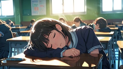 school uniform anime girl sleeping in empty classroom.