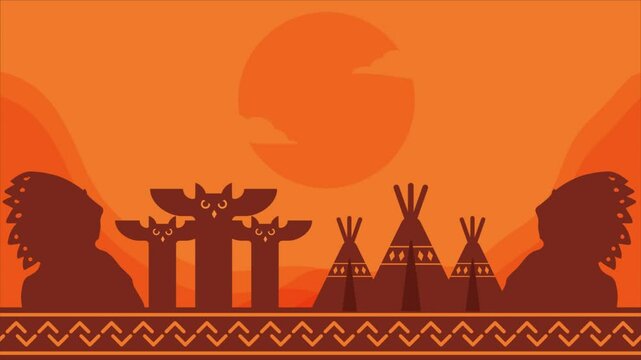 Animation footage of Native American Day with owls, tepees, and tribal patterns. Suitable for the celebration of Native American Day in America. 4k footage Native American Background