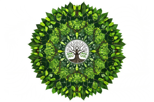 Nature's Mandala: A circular design featuring concentric tree shapes, leaves, and branches, resembling a mandala.
