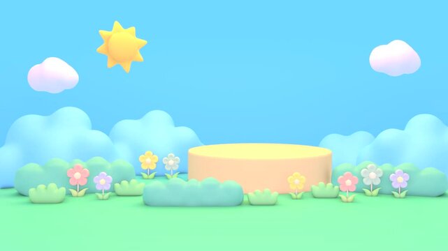 Looped cartoon empty podium in flower garden in the morning animation.
