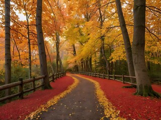 Naklejka premium Serene autumn forest pathway with vibrant fall colors and golden leaves under soft sunlight 
