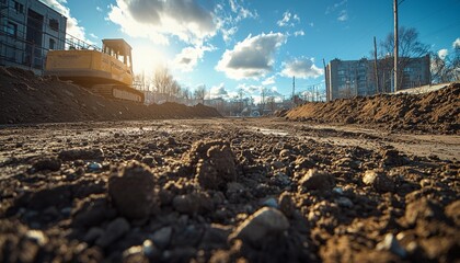 Obraz premium Capture a dramatic low-angle shot of a construction site, focusing on a foreground of rich, textured dirt with a flat .