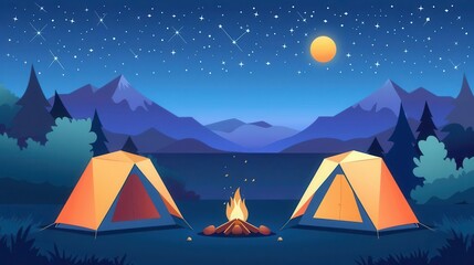 Camping trip, tents and campfire under stars, flat design illustration