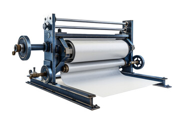 paper printing press, with paper sheets and ink rollers on white background.