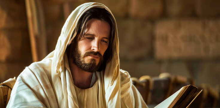 Jesus Christ reading in the synagogue with a plain architectural background