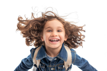 A first-grade student running with a big grin, their hair flying in the wind, capturing the boundless energy of childhood, on a white background.