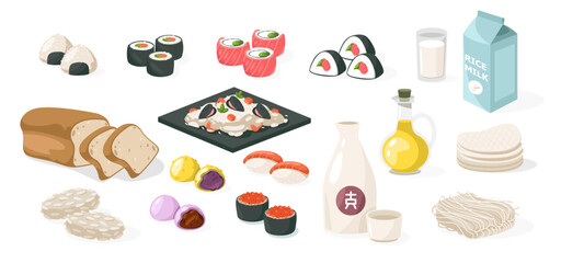 Rice products and food. Flat traditional asian rice grain dishes and ingredients, cartoon basmati jasmine wild rice. Vector isolated set.eps