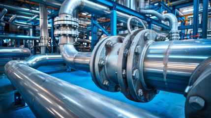 Industrial pipeline with steel valves in a factory setting.