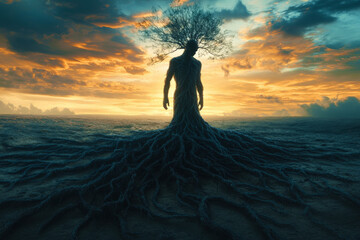 A human figure standing in an empty desert transforms into a tree, with branches growing from the arms and roots extending from the legs. The background is filled with a burning sunset, metamorphosis.