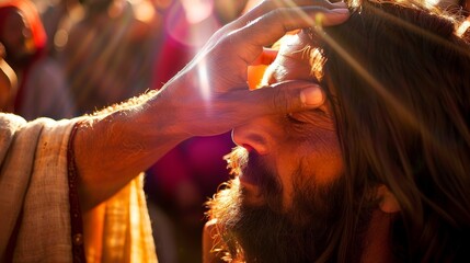 Jesus Christ healing a blind man with a blurred crowd in the background