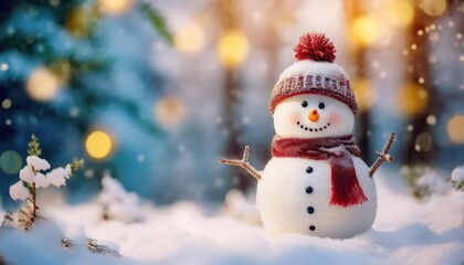 Snowman smiling and standing in snowfall with Christmas ornament. Winter morning landscape, bokeh forest background