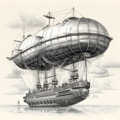 Naklejka premium An intricate black and white depiction of a majestic airship sailing above calm waters under a cloudy sky