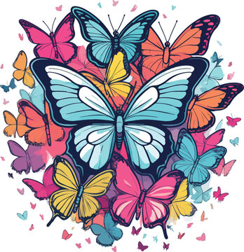 a group of colorful butterflies on a white background, illustration, loss style colorised pint black and white coloring daysies
