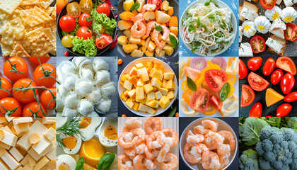 Fototapeta premium Background of food dishes and snacks. Photo collage, banner from photos